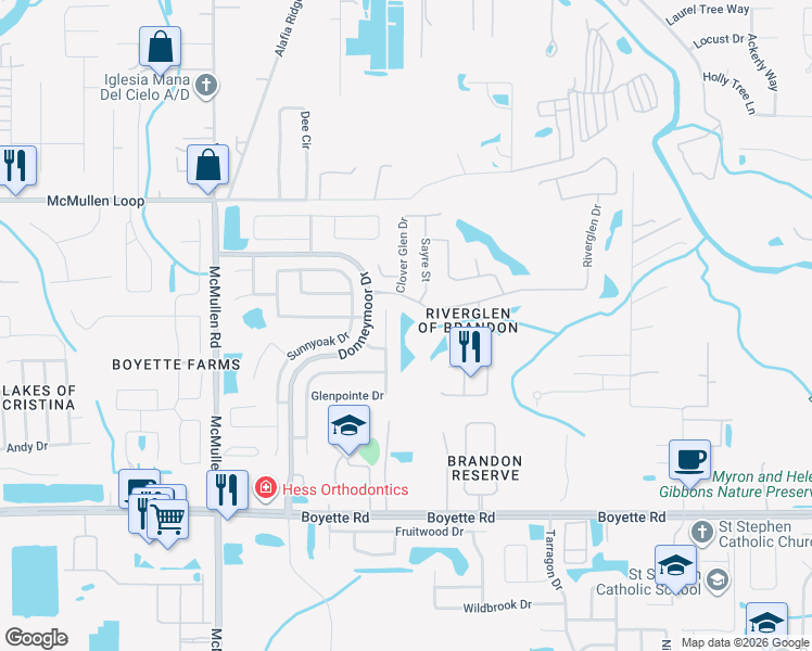 map of restaurants, bars, coffee shops, grocery stores, and more near 9508 Glenpointe Drive in Riverview