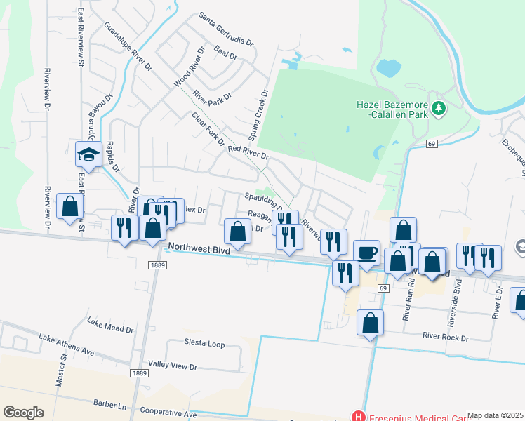map of restaurants, bars, coffee shops, grocery stores, and more near 14605 Reagan Drive in Corpus Christi