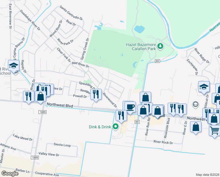 map of restaurants, bars, coffee shops, grocery stores, and more near 14433 Chantilly Drive in Corpus Christi