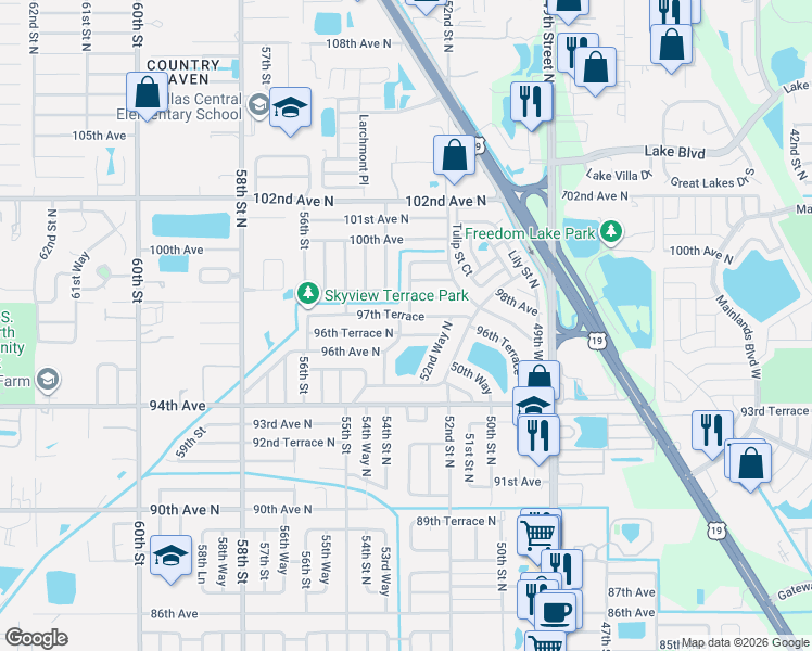 map of restaurants, bars, coffee shops, grocery stores, and more near 5260 96th Terrace North in Pinellas Park
