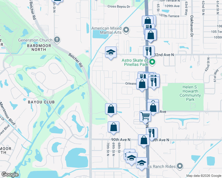 map of restaurants, bars, coffee shops, grocery stores, and more near 9790 66th Street North in Pinellas Park