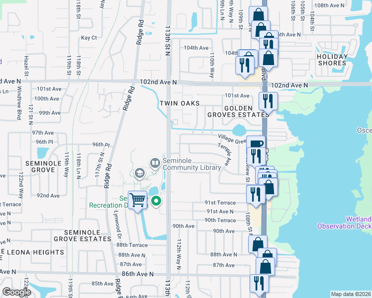 map of restaurants, bars, coffee shops, grocery stores, and more near 11208 Duncan Street in Seminole