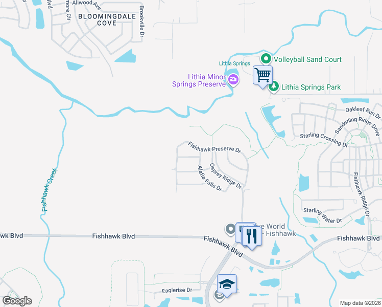 map of restaurants, bars, coffee shops, grocery stores, and more near 14908 Bassinger Lane in Lithia