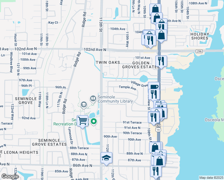 map of restaurants, bars, coffee shops, grocery stores, and more near 11223 Temple Avenue in Seminole