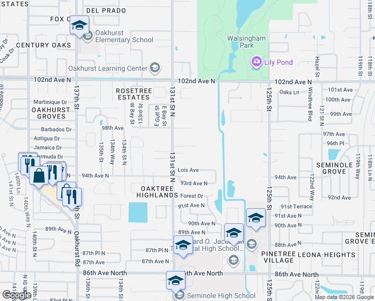 map of restaurants, bars, coffee shops, grocery stores, and more near 12975 96th Avenue in Seminole