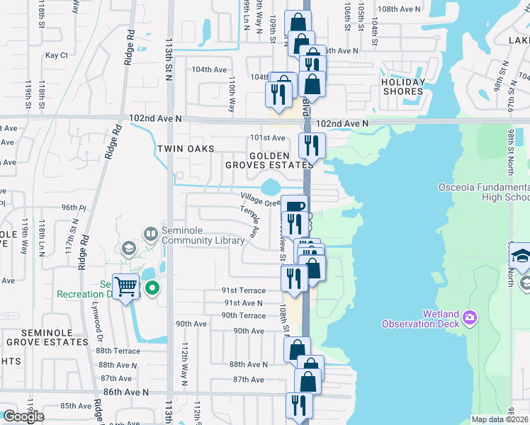 map of restaurants, bars, coffee shops, grocery stores, and more near 10881 Village Green Avenue in Seminole