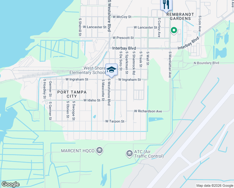 map of restaurants, bars, coffee shops, grocery stores, and more near 7211 South De Soto Street in Tampa