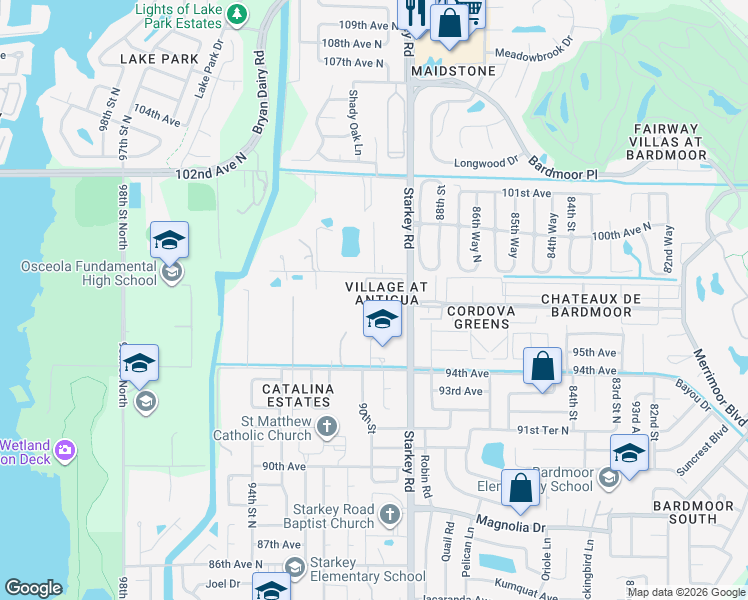 map of restaurants, bars, coffee shops, grocery stores, and more near 9049 Antigua Drive in Seminole