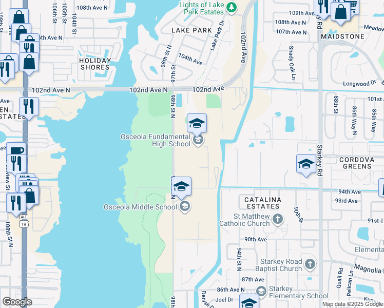 map of restaurants, bars, coffee shops, grocery stores, and more near 9751 98th Street North in Seminole