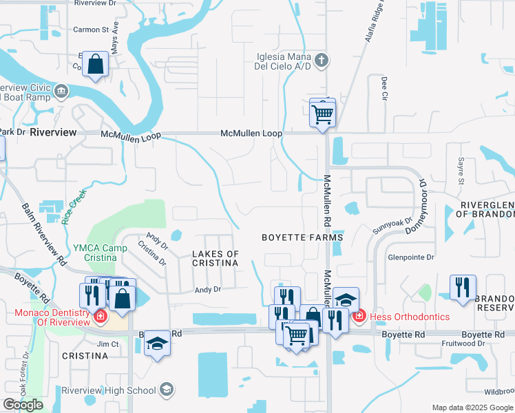 map of restaurants, bars, coffee shops, grocery stores, and more near 11528 Grove Arcade Drive in Riverview