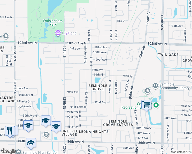 map of restaurants, bars, coffee shops, grocery stores, and more near 12134 96th Place in Seminole