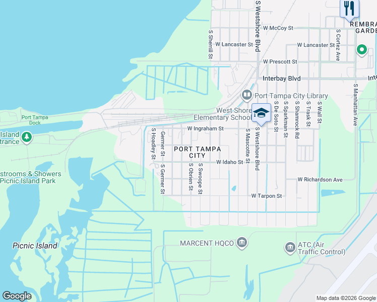 map of restaurants, bars, coffee shops, grocery stores, and more near 7208 South Elliott Street in Tampa