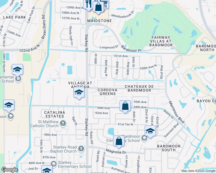 map of restaurants, bars, coffee shops, grocery stores, and more near 8693 Bardmoor Boulevard in Seminole