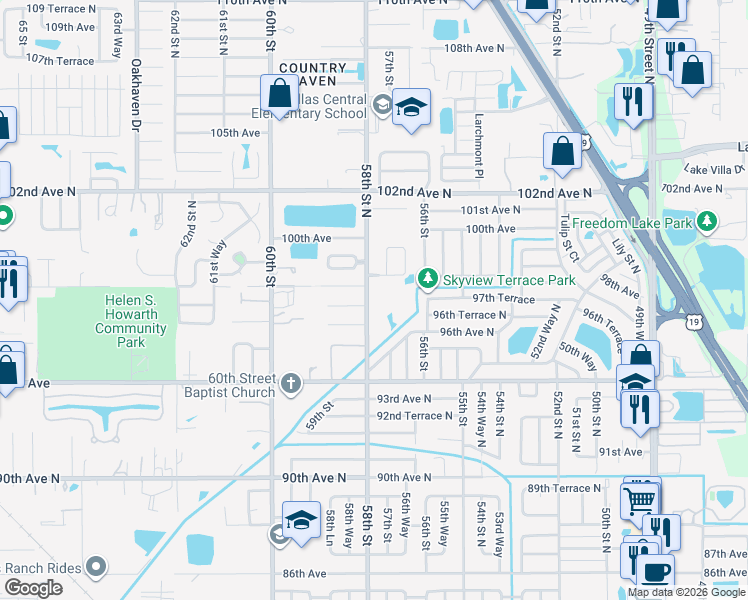 map of restaurants, bars, coffee shops, grocery stores, and more near 9693 58th Street in Pinellas Park