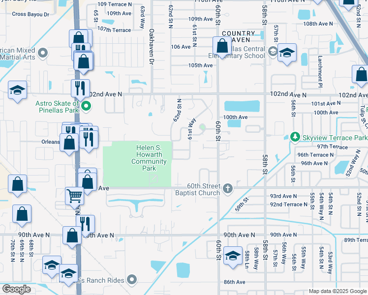 map of restaurants, bars, coffee shops, grocery stores, and more near 6155 97th Terrace North in Pinellas Park