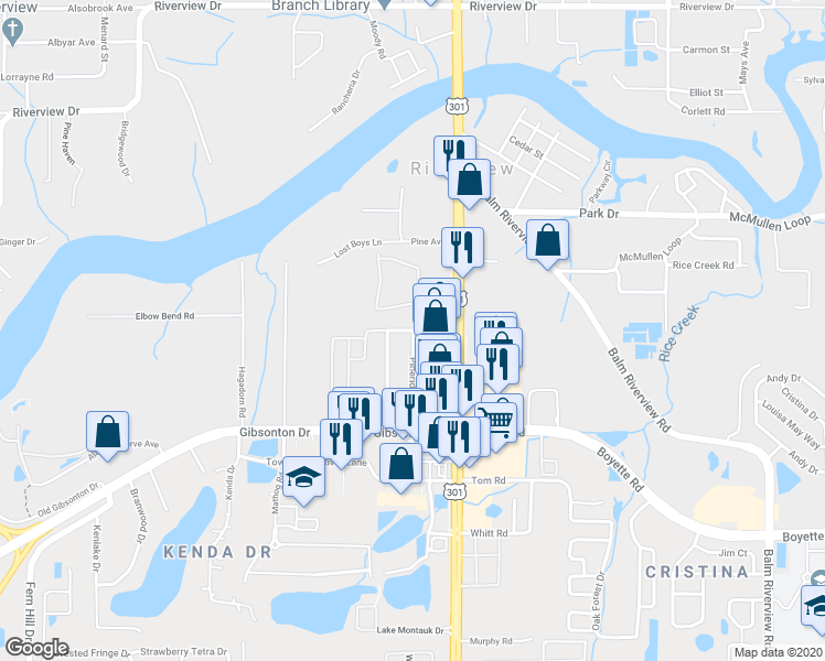 map of restaurants, bars, coffee shops, grocery stores, and more near 10620 Rivercrest Drive in Riverview