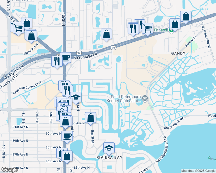 map of restaurants, bars, coffee shops, grocery stores, and more near 9760 Oak Street Northeast in St. Petersburg