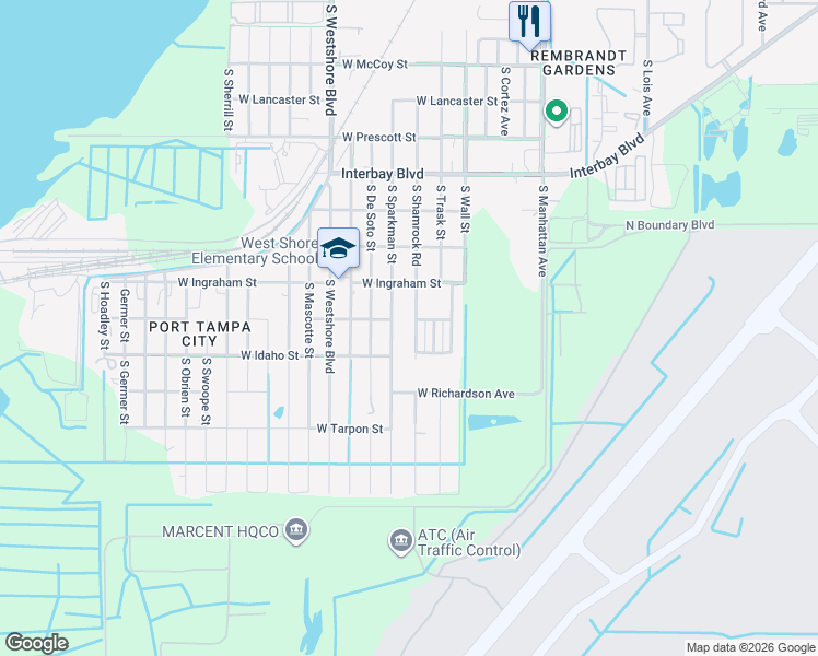 map of restaurants, bars, coffee shops, grocery stores, and more near 7215 South Shamrock Road in Tampa