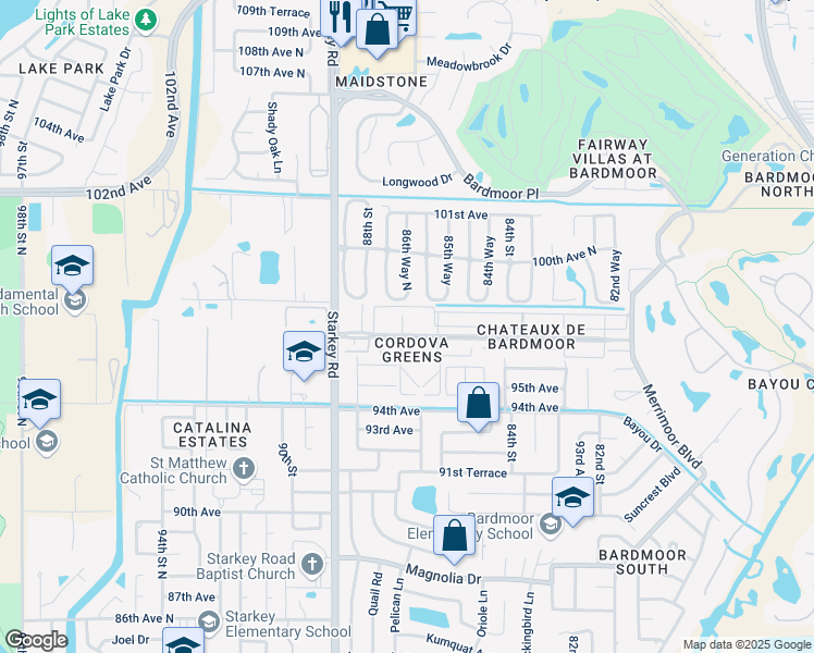 map of restaurants, bars, coffee shops, grocery stores, and more near 8693 Bardmoor Boulevard in Seminole