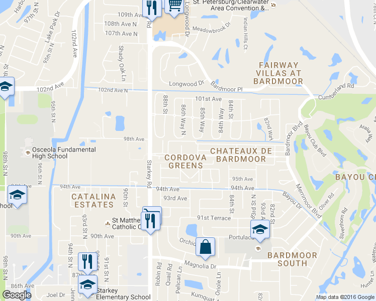 map of restaurants, bars, coffee shops, grocery stores, and more near 8693 Bardmoor Boulevard in Seminole