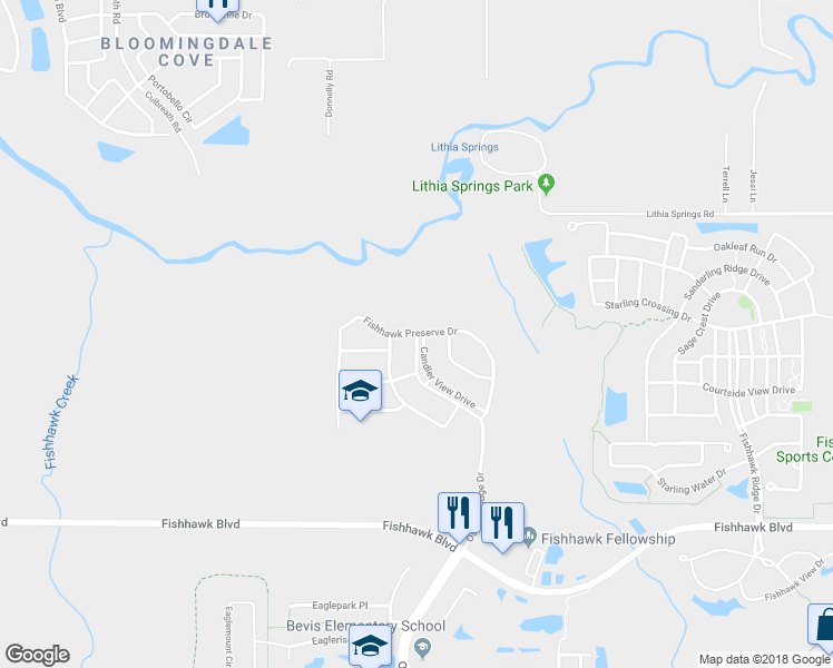 map of restaurants, bars, coffee shops, grocery stores, and more near Fishhawk Preserve Drive in Lithia