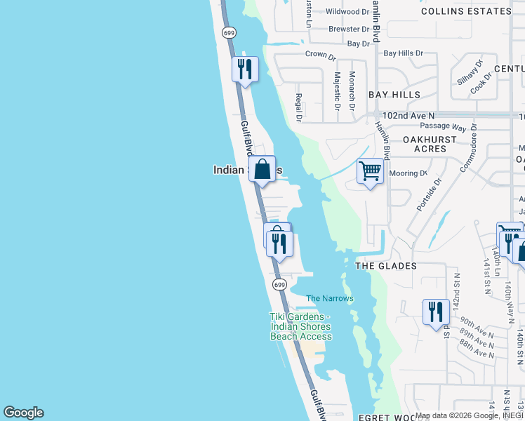 map of restaurants, bars, coffee shops, grocery stores, and more near 19812 Gulf Boulevard in Indian Shores