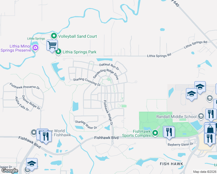 map of restaurants, bars, coffee shops, grocery stores, and more near 15902 Starling Crossing Drive in Lithia