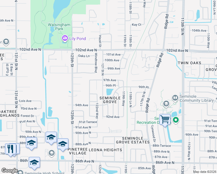map of restaurants, bars, coffee shops, grocery stores, and more near 12134 96th Place in Seminole