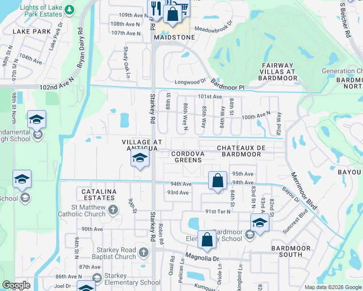 map of restaurants, bars, coffee shops, grocery stores, and more near 8693 Bardmoor Boulevard in Seminole
