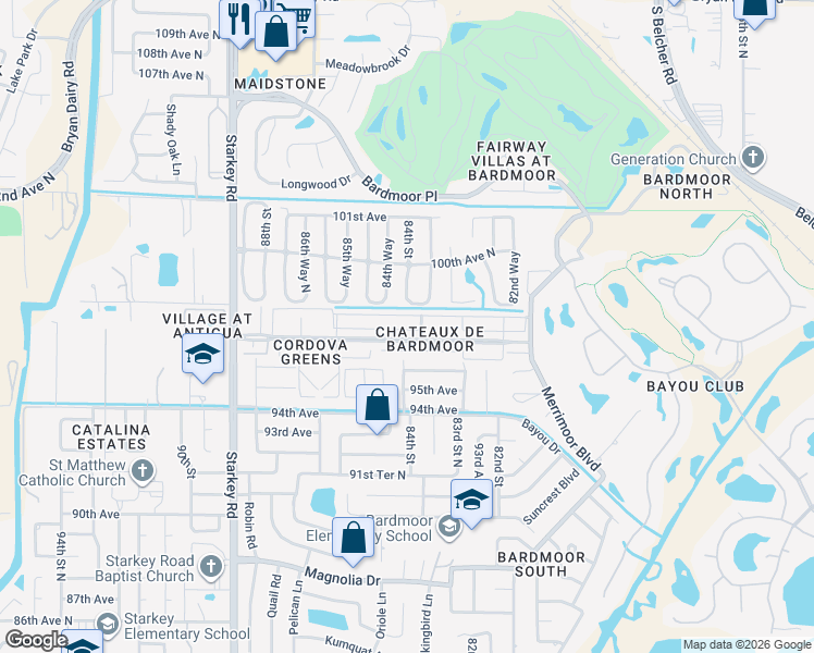 map of restaurants, bars, coffee shops, grocery stores, and more near 8347 Brentwood Road in Largo