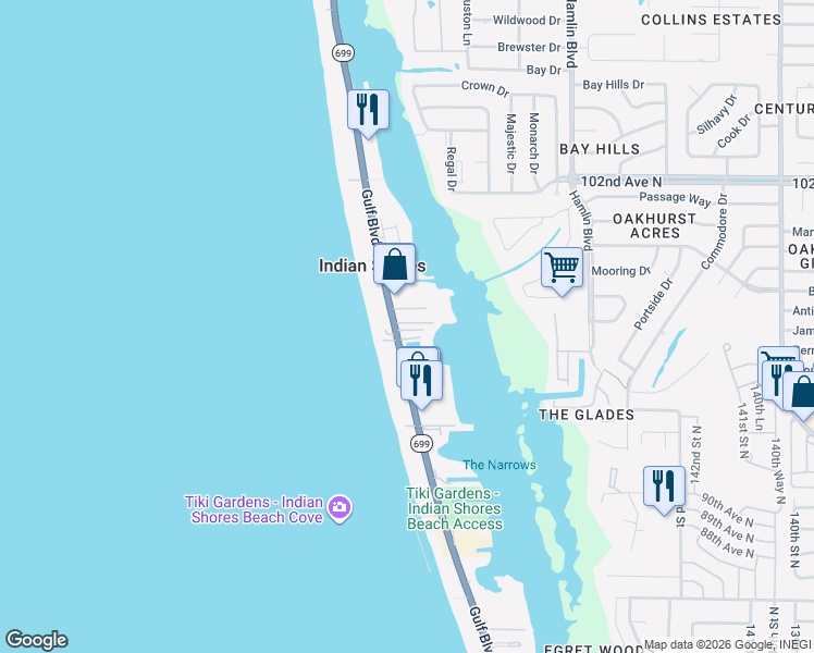 map of restaurants, bars, coffee shops, grocery stores, and more near 19811 Florida 699 in Indian Shores