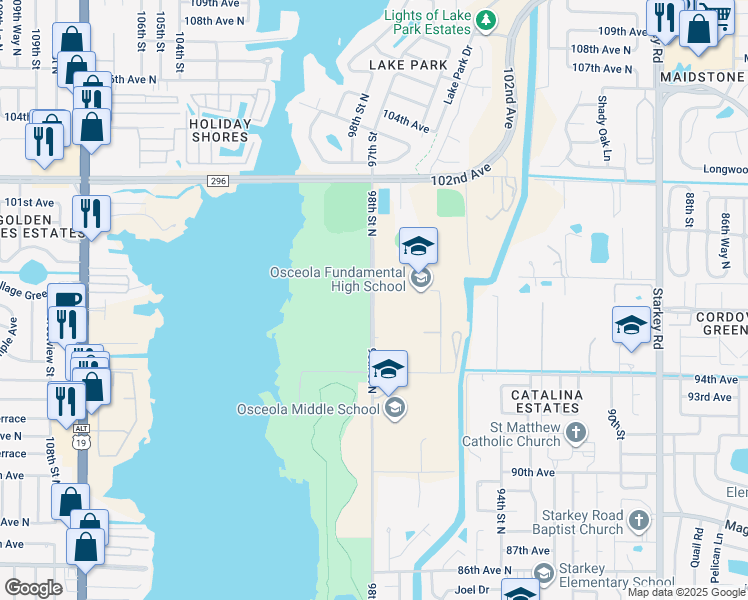 map of restaurants, bars, coffee shops, grocery stores, and more near 9751 98th Street North in Seminole