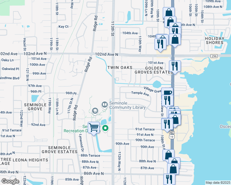 map of restaurants, bars, coffee shops, grocery stores, and more near 11248 Temple Court in Seminole