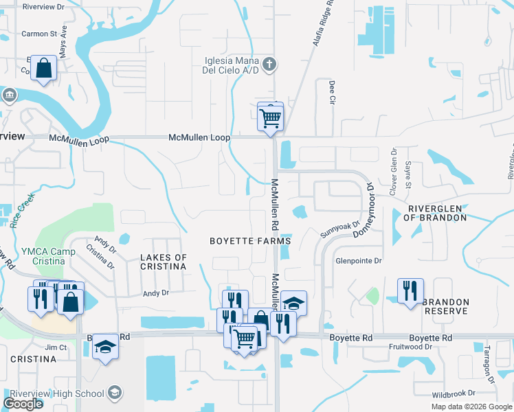 map of restaurants, bars, coffee shops, grocery stores, and more near 11704 Grove Arcade Drive in Riverview