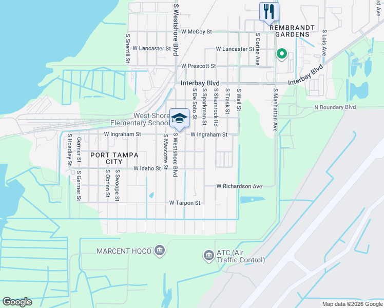 map of restaurants, bars, coffee shops, grocery stores, and more near 7211 South De Soto Street in Tampa