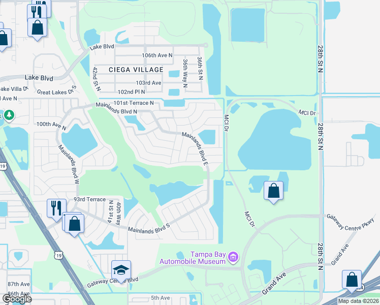 map of restaurants, bars, coffee shops, grocery stores, and more near 9834 36th Street North in Pinellas Park