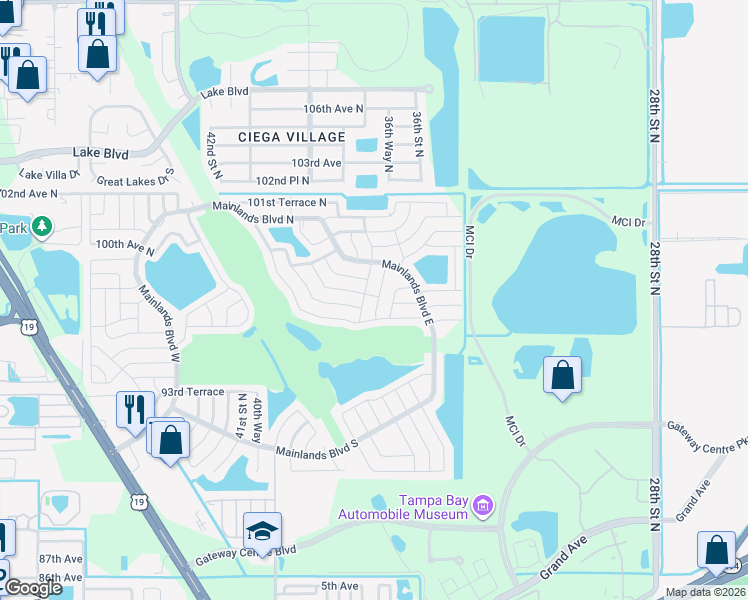 map of restaurants, bars, coffee shops, grocery stores, and more near 9834 36th Street North in Pinellas Park