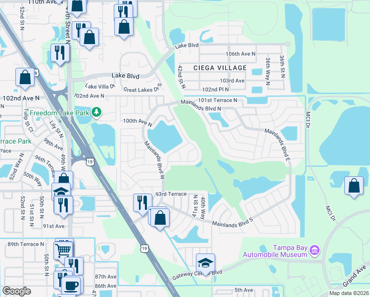 map of restaurants, bars, coffee shops, grocery stores, and more near 4145 96th Terrace North in Pinellas Park