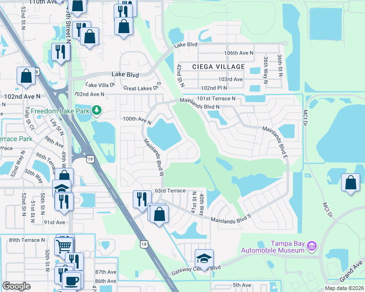 map of restaurants, bars, coffee shops, grocery stores, and more near 4145 96th Terrace North in Pinellas Park