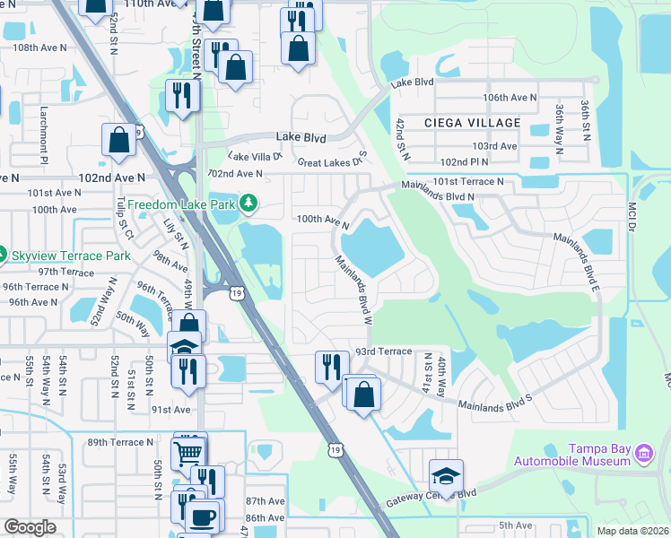 map of restaurants, bars, coffee shops, grocery stores, and more near 9720 Mainlands Boulevard North in Pinellas Park