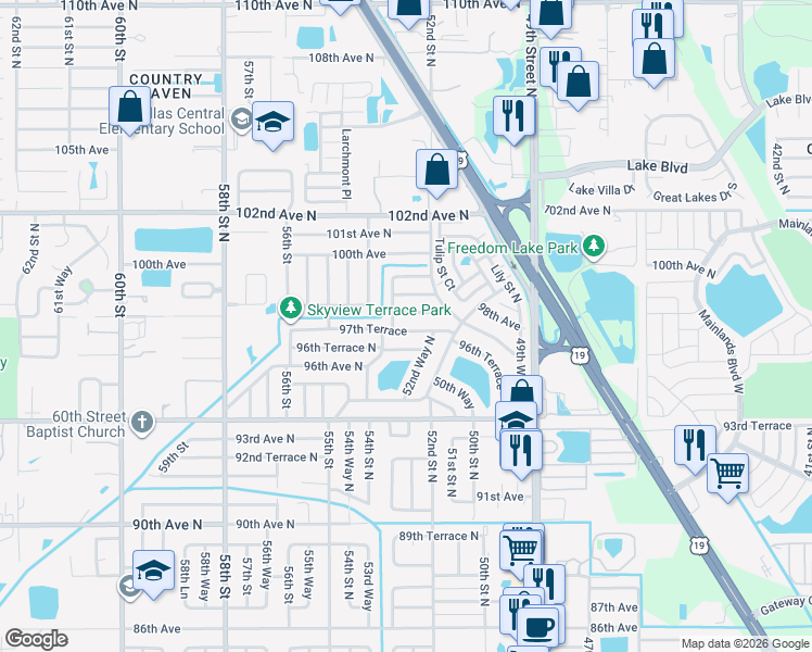 map of restaurants, bars, coffee shops, grocery stores, and more near 5260 98th Avenue in Pinellas Park