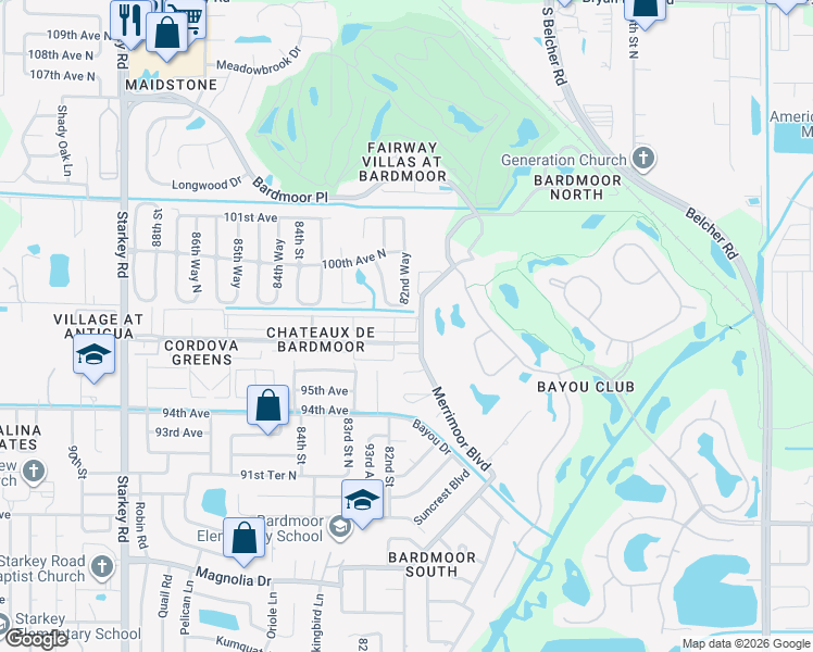 map of restaurants, bars, coffee shops, grocery stores, and more near 9741 Bardmoor Boulevard in Largo