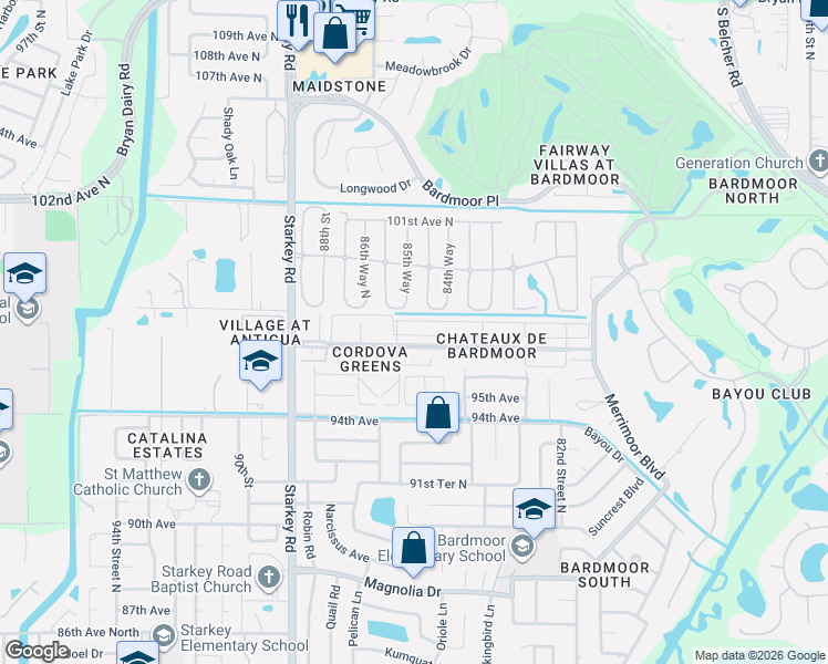 map of restaurants, bars, coffee shops, grocery stores, and more near 8424 Annwood Road in Seminole