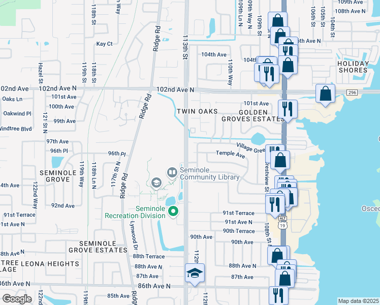 map of restaurants, bars, coffee shops, grocery stores, and more near 11248 Temple Court in Seminole