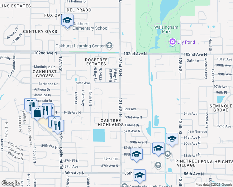 map of restaurants, bars, coffee shops, grocery stores, and more near 9700 131st Street North in Largo
