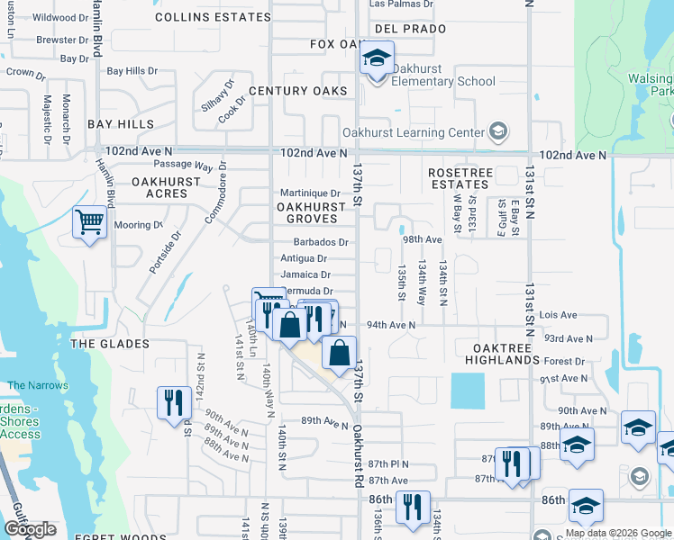 map of restaurants, bars, coffee shops, grocery stores, and more near 13706 Antigua Drive in Seminole