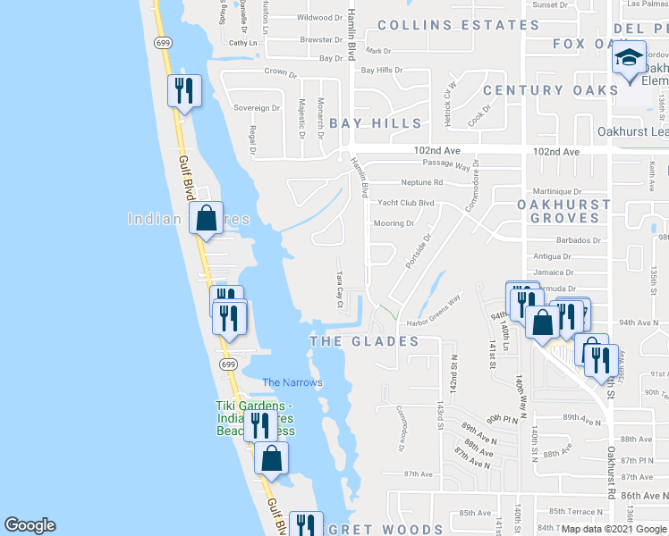map of restaurants, bars, coffee shops, grocery stores, and more near 9662 Tara Cay Court in Seminole