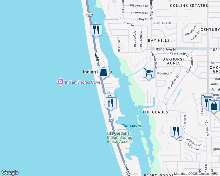 map of restaurants, bars, coffee shops, grocery stores, and more near 19811 Florida 699 in Indian Shores