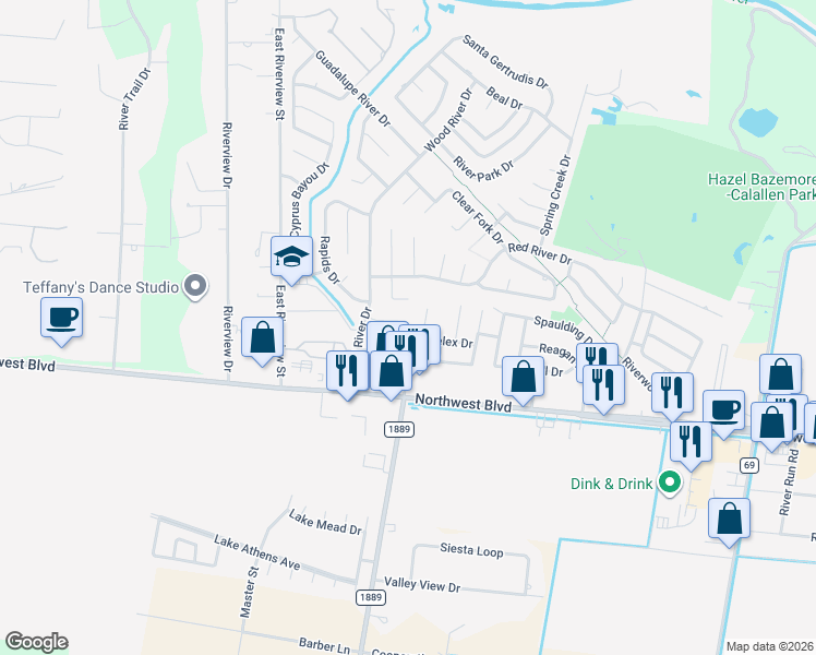 map of restaurants, bars, coffee shops, grocery stores, and more near 14911 Sandy Creek Court in Corpus Christi