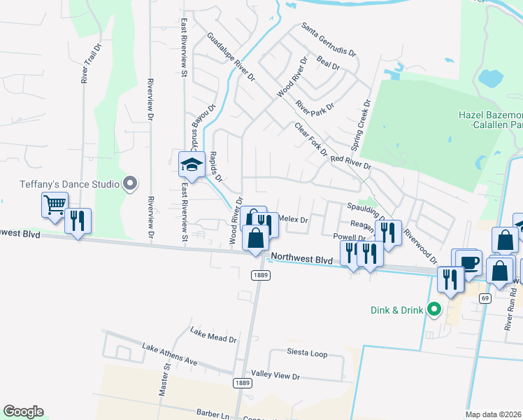 map of restaurants, bars, coffee shops, grocery stores, and more near 14911 Sandy Creek Court in Corpus Christi